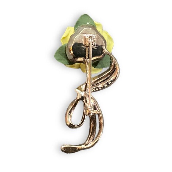 Avon NR Yellow Rose Pin Brooch Rhinestone Accents on Stem Ribbon Bow Vintage - Picture 3 of 3